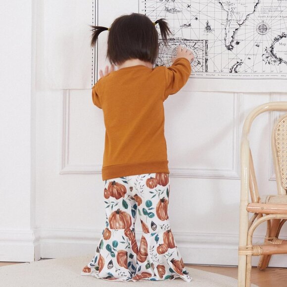 Baby Girl Fall Winter Clothes Pumpkin Patch Crewneck Sweatshirts Flare Pants Set - Picture 3 of 7